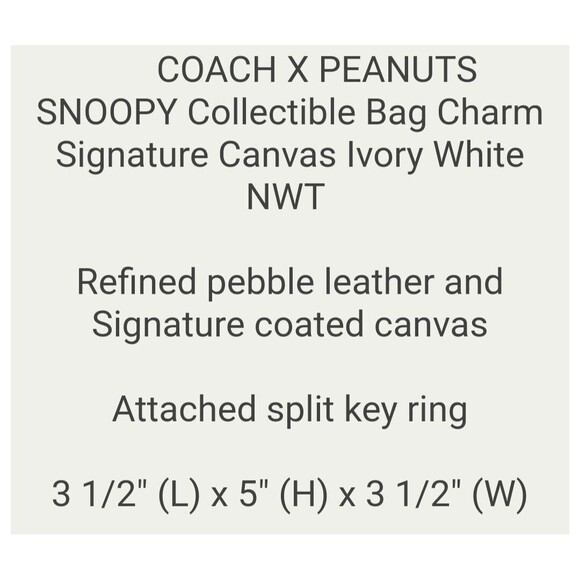 Coach X Peanuts Snoopy Collectible Bag Charm/ Keychain Ivory - Nwt - Picture 7 of 7